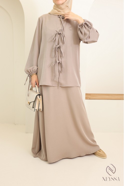 Long tunic + skirt set for modern hijabi women, satin fabric