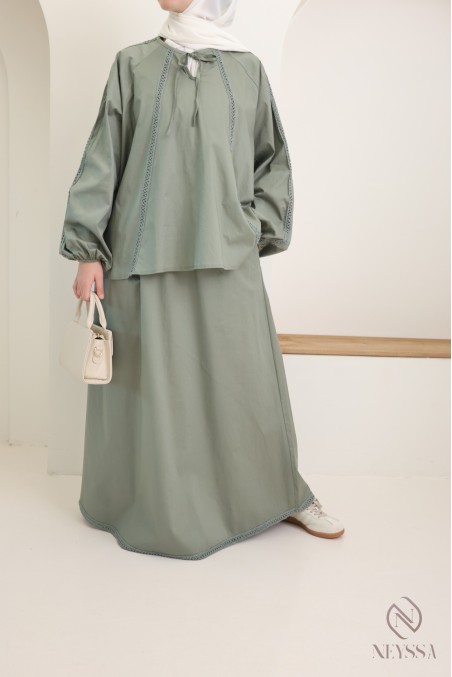 Set aus Baumwolle mit langem Rock + Bluse mit Spitze für Damen