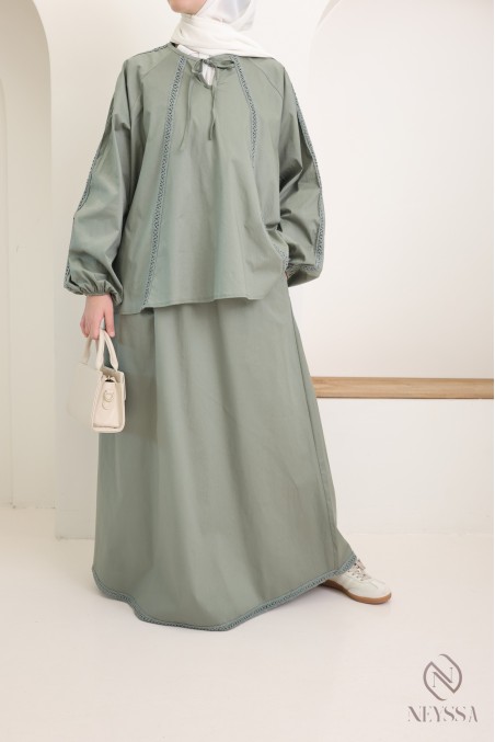 Set aus Baumwolle mit langem Rock + Bluse mit Spitze für Damen