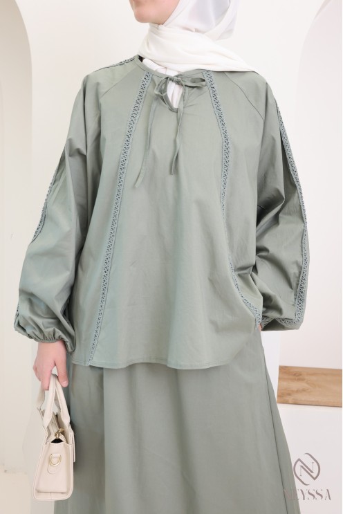 Ensemble en coton jupe longue + blouse avec dentelles femme