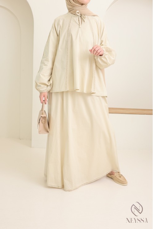 Set aus Baumwolle mit langem Rock + Bluse mit Spitze für Damen