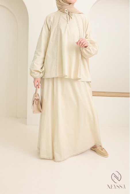 Women's cotton long skirt + lace blouse set