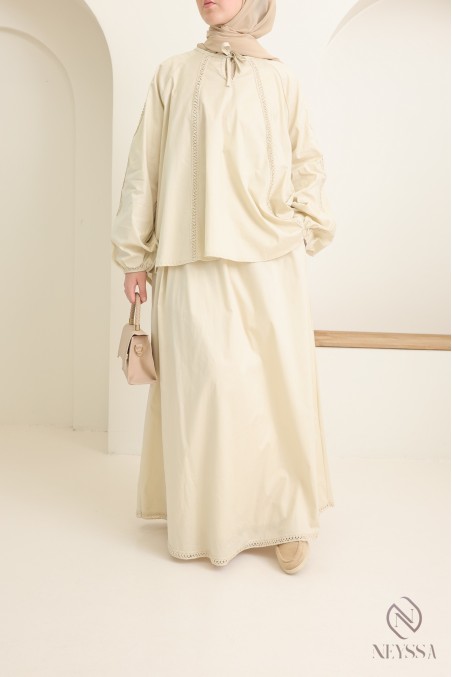 Set aus Baumwolle mit langem Rock + Bluse mit Spitze für Damen