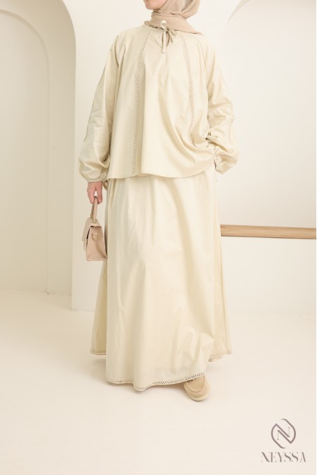 Set aus Baumwolle mit langem Rock + Bluse mit Spitze für Damen