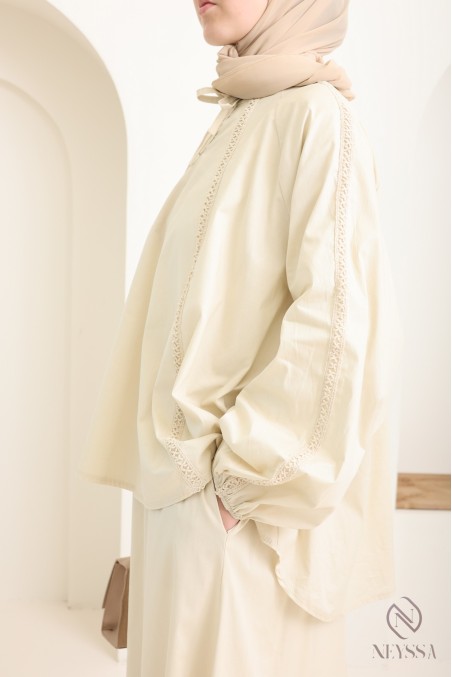 Set aus Baumwolle mit langem Rock + Bluse mit Spitze für Damen