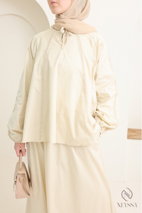 Ensemble en coton jupe longue + blouse avec dentelles femme