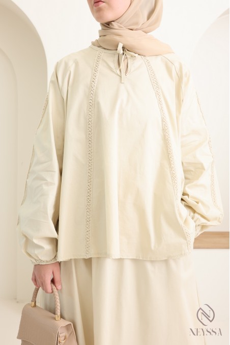 Ensemble en coton jupe longue + blouse avec dentelles femme