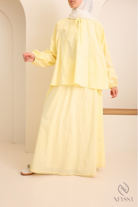 Set aus Baumwolle mit langem Rock + Bluse mit Spitze für Damen