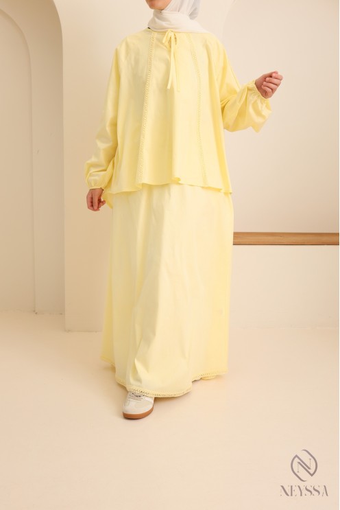 Set aus Baumwolle mit langem Rock + Bluse mit Spitze für Damen