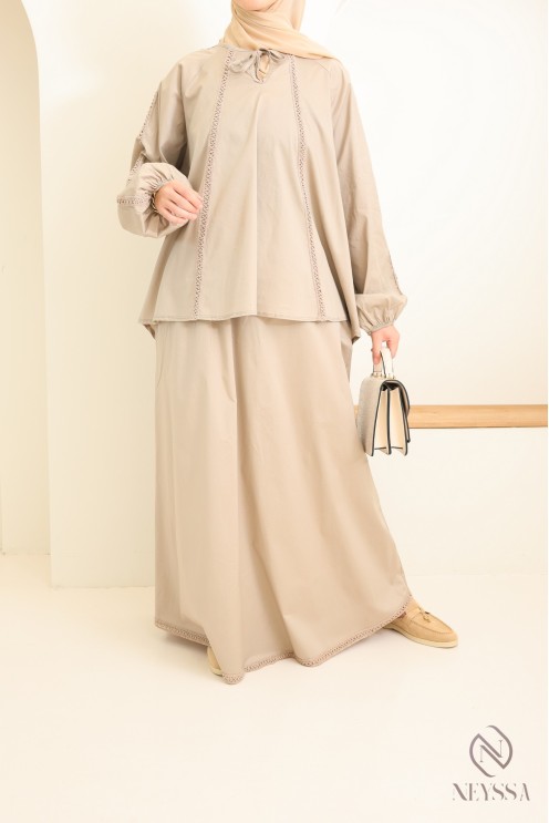 Women's cotton long skirt + lace blouse set