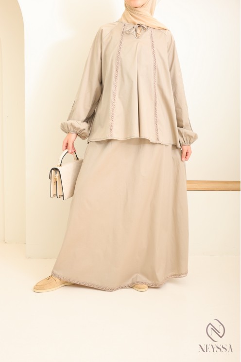 Set aus Baumwolle mit langem Rock + Bluse mit Spitze für Damen