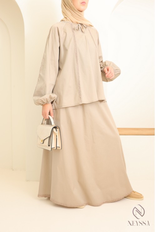 Women's cotton long skirt + lace blouse set