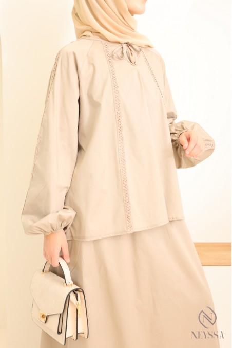 Ensemble en coton jupe longue + blouse avec dentelles femme