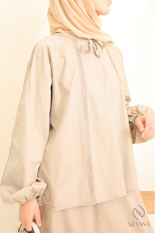 Ensemble en coton jupe longue + blouse avec dentelles femme