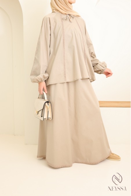 Ensemble en coton jupe longue + blouse avec dentelles femme