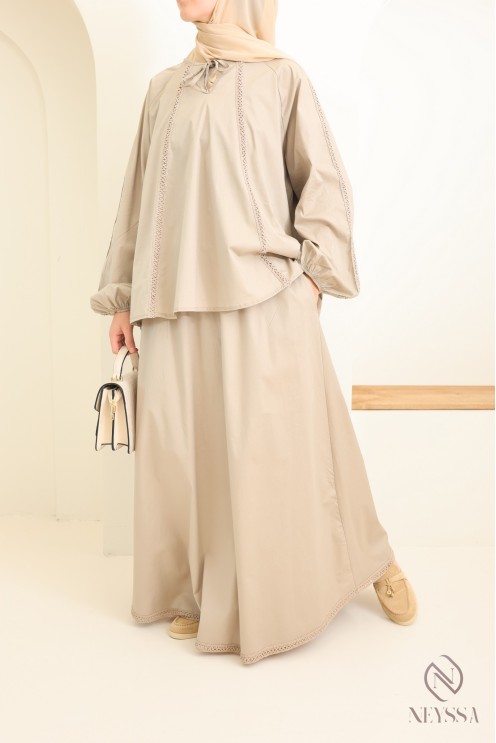 Set aus Baumwolle mit langem Rock + Bluse mit Spitze für Damen