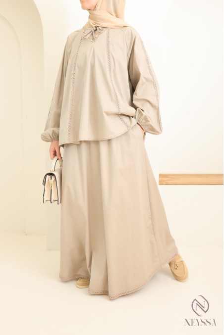 Ensemble en coton jupe longue + blouse avec dentelles femme