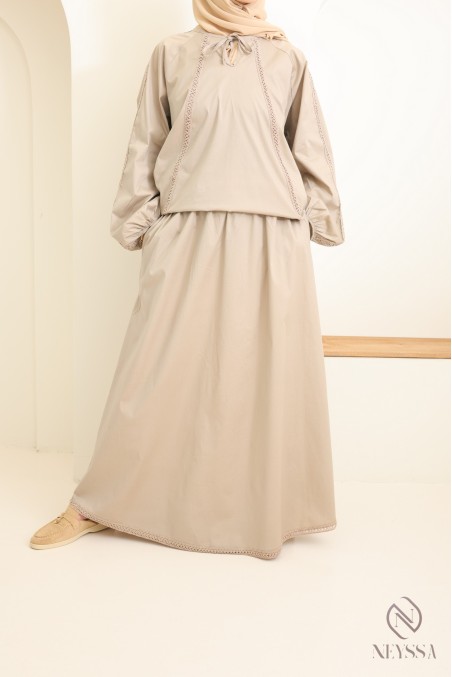 Set aus Baumwolle mit langem Rock + Bluse mit Spitze für Damen