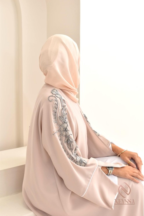 Abaya beige beads sewn by hand, handmade, made in E.A.U