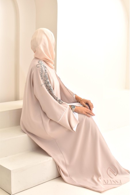 Abaya beige beads sewn by hand, handmade, made in E.A.U