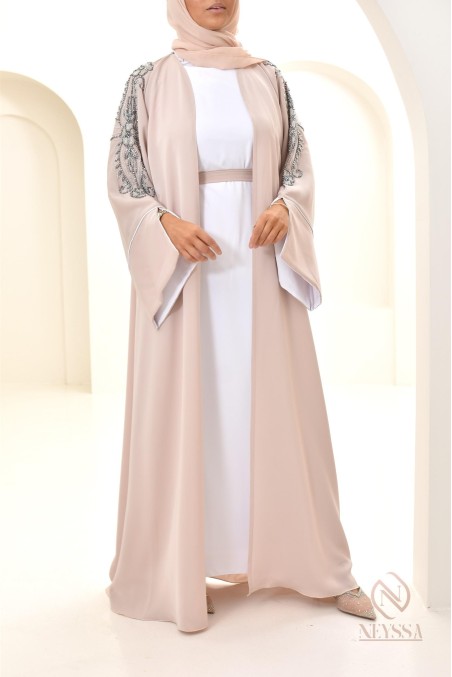 Abaya beige beads sewn by hand, handmade, made in E.A.U