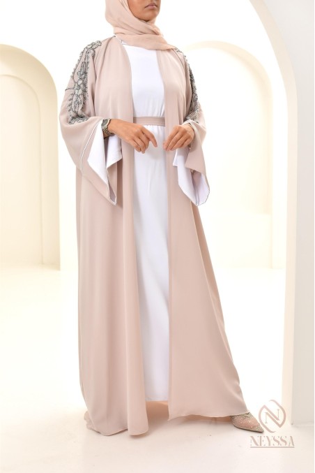 Abaya beige beads sewn by hand, handmade, made in E.A.U