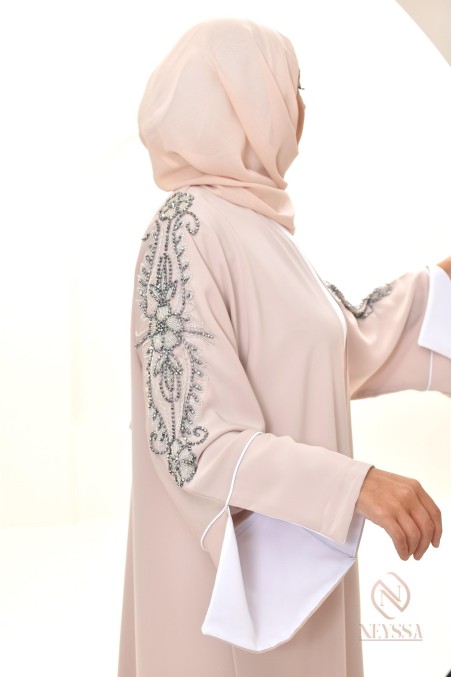 Abaya beige beads sewn by hand, handmade, made in E.A.U