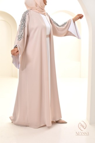 Abaya beige handgenähte Perlen, handgefertigt, made in E.A.U