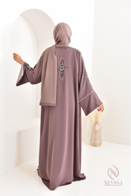 Abaya Dubaï luxe femme marron glacé, avec perles brodées, Aïd 2024