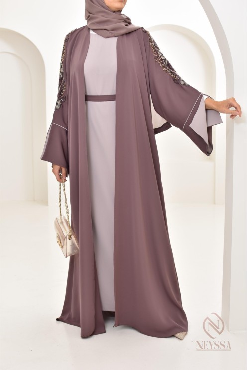Abaya Dubaï luxe femme marron glacé, avec perles brodées, Aïd 2024