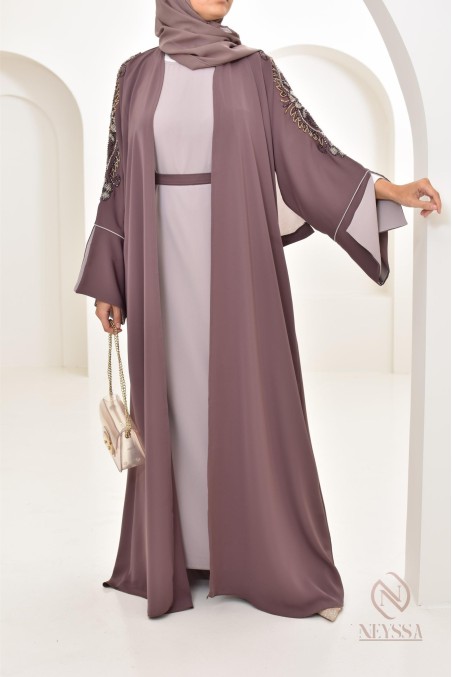 Abaya Dubaï luxe femme marron glacé, avec perles brodées, Aïd 2024