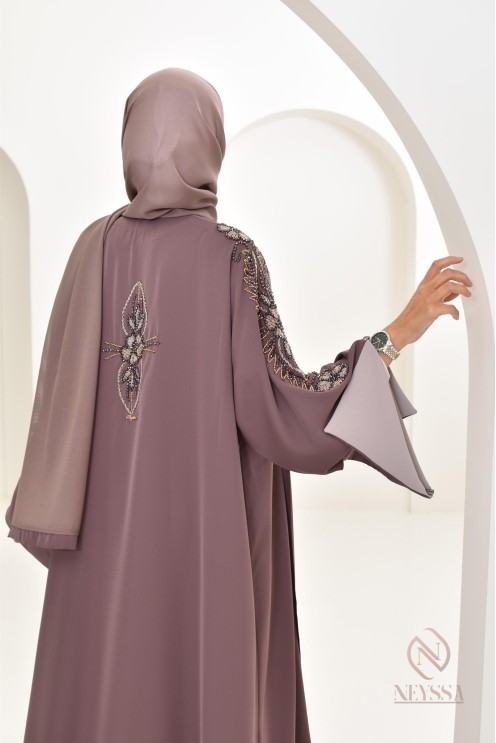 Abaya Dubaï luxe femme marron glacé, avec perles brodées, Aïd 2024