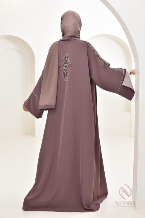 Abaya Dubaï luxe femme marron glacé, avec perles brodées, Aïd 2024