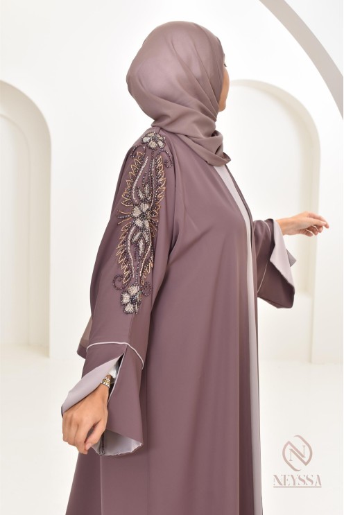 Abaya Dubaï luxe femme marron glacé, avec perles brodées, Aïd 2024