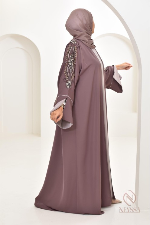Abaya Dubaï luxe femme marron glacé, avec perles brodées, Aïd 2024