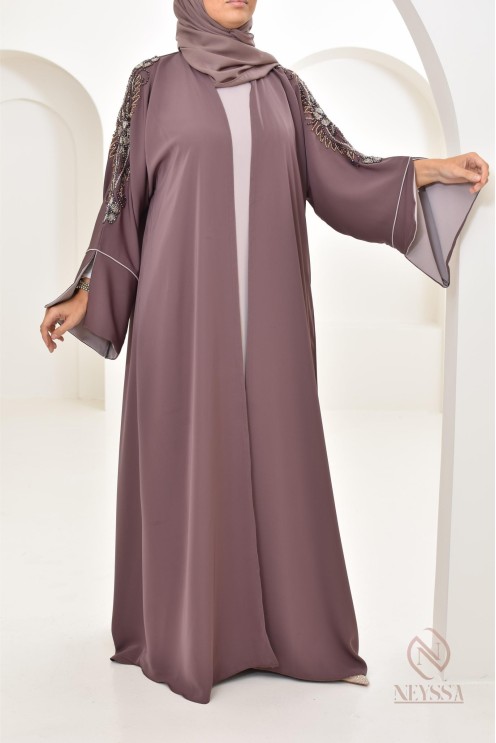 Abaya Dubaï luxe femme marron glacé, avec perles brodées, Aïd 2024