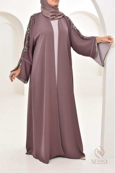 Abaya Dubaï luxe femme marron glacé, avec perles brodées, Aïd 2024