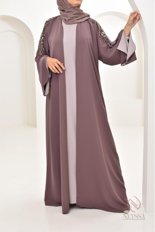 Abaya Dubaï luxe femme marron glacé, avec perles brodées, Aïd 2024