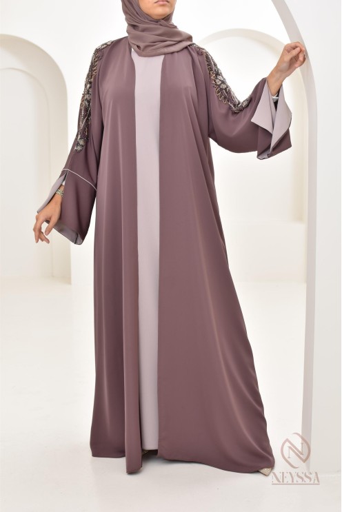 Abaya Dubaï luxe femme marron glacé, avec perles brodées, Aïd 2024