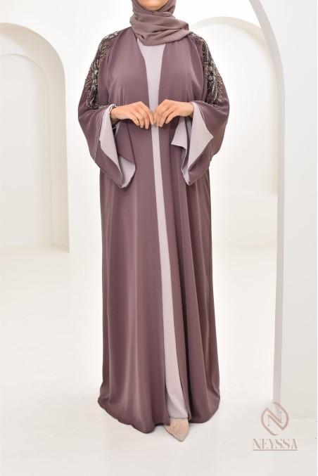 Abaya Dubaï luxe femme marron glacé, avec perles brodées, Aïd 2024
