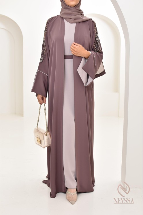 Abaya Dubaï luxe femme marron glacé, avec perles brodées, Aïd 2024
