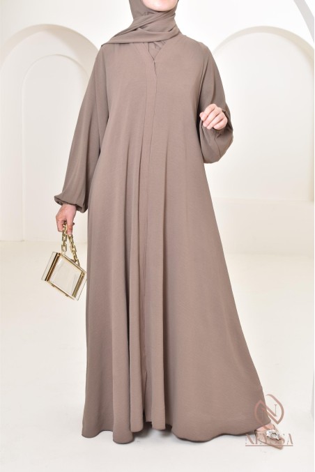 Long taupe Dubai abaya ideal for hijabi women Neyssa Confection