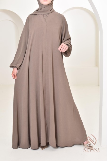 Long taupe Dubai abaya ideal for hijabi women Neyssa Confection