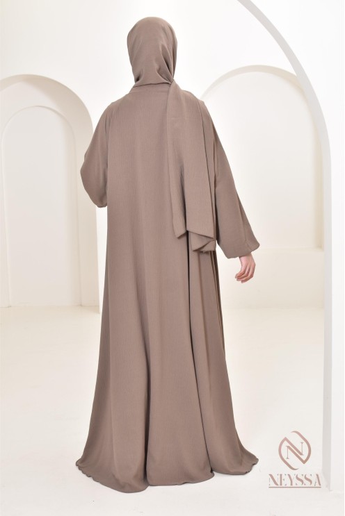 Long taupe Dubai abaya ideal for hijabi women Neyssa Confection