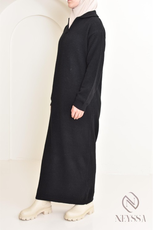 Robe longue femme pour l'hiver en maille, col façon polo, ootd hijabi