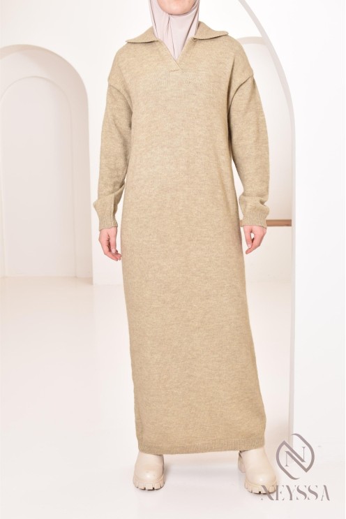 Women's winter knit long dress, polo-style collar, ootd hijabi