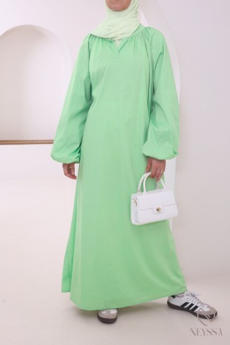 Lange Abaya aus Baumwolle mit Puffärmeln und Hemdkragen