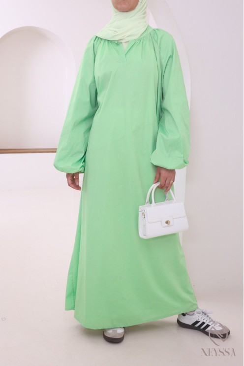 Lange Abaya aus Baumwolle mit Puffärmeln und Hemdkragen