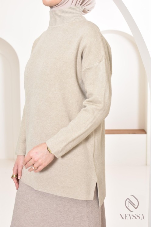 Modest loose knit sweater, stand-up collar, hijabi modest outfit