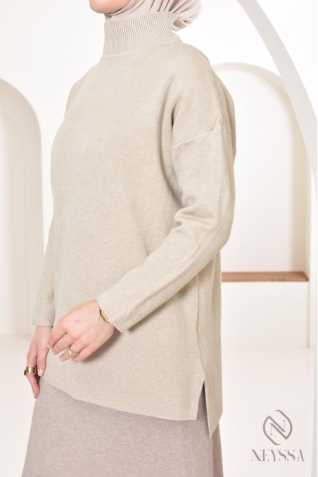 Modest loose knit sweater, stand-up collar, hijabi modest outfit
